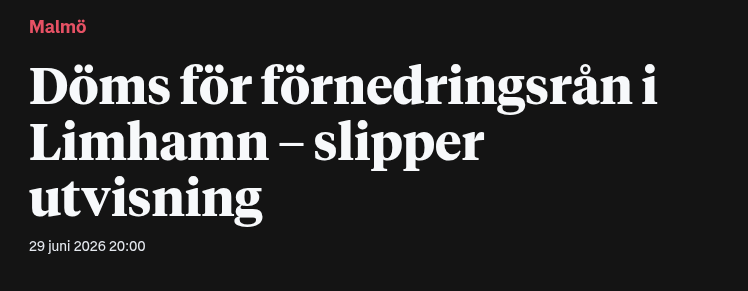 DetFriaSverige's tweet photo. En 20-årig utlänning lurade en man till Limhamn, rånade honom under knivhot, tvingade av honom kläderna och filmade förnedringen. Tingsrätten dömde honom till utvisning. Hovrätten låter honom stanna.

Sveriges största problem är inte kriminella utlänningar. Det är de svenskfientliga aktivisterna i institutioner och myndigheter som gång på gång skyddar dem från konsekvenser.

Träsket måste dräneras.