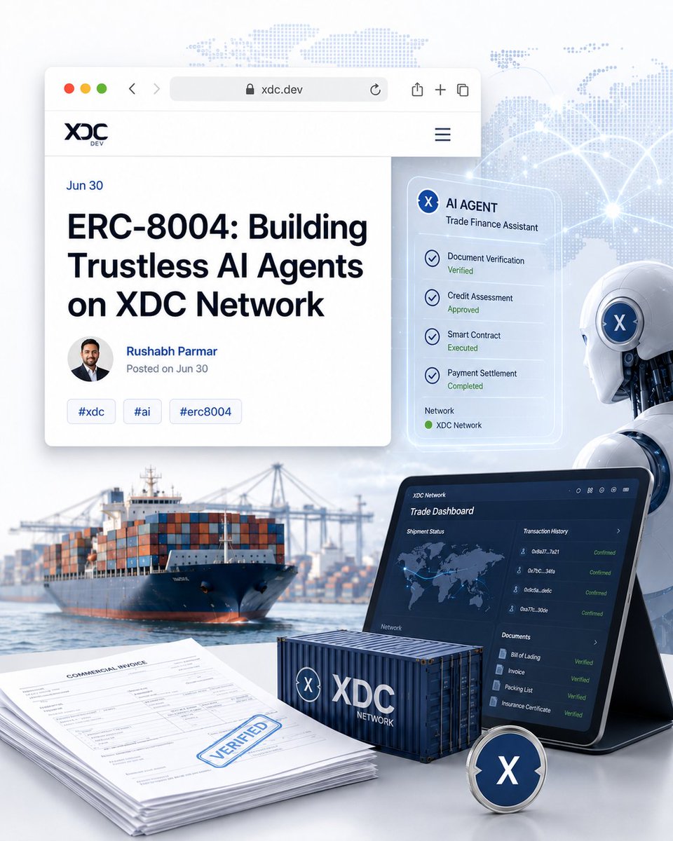 AntonioGlvez9's tweet photo. 🤖 Los agentes de IA ya llegaron a XDC para el comercio internacional.

Y esto no va solo de “IA por moda”.

Va de algo mucho más serio:

✅ Identidad on-chain
✅ Reputación verificable
✅ Validación independiente
✅ Automatización para trade finance

Imagina un agente de IA capaz de revisar documentos como:

📄 Bill of Lading
📄 Commercial Invoice
📄 Letter of Credit

Y además poder:

🔹 Buscar financiación
🔹 Activar liquidaciones
🔹 Coordinar escrow
🔹 Dejar un historial verificable en blockchain

Eso es lo interesante de ERC-8004 sobre XDC.

No hablamos solo de mover tokens.

Hablamos de crear una capa donde los agentes de IA puedan operar en comercio internacional con identidad, reputación y confianza verificable.

🌐 XDC sigue posicionándose justo donde se está construyendo el nuevo sistema financiero