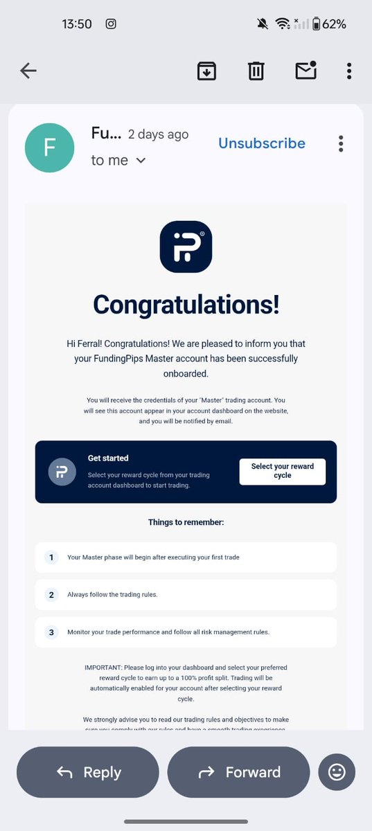 ferralFerns1's tweet photo. 🎉 Excited to share — my @fundingpips Master account has been successfully onboarded! Big thanks to @Khldfx @avikkfp @ErkanOriginal and the whole team for their incredible support 🙏
The responsible trading policy striking system (8%/5%) has been applied to my account, even though I had 10%/5%. I spoke with the team and they’re actively working on it. Really appreciate their responsiveness!
Ready to trade and grow 💪 #FundingPips #MasterAccount #PropTrading