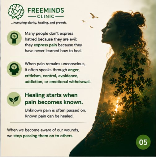 FreemindsClinic's tweet photo. When pain stays unknown, it gets passed on. 

Anger. Criticism. Control. Withdrawal. 

Healing starts when pain becomes known. 
Known pain can be healed.

Which one are you carrying: Fear, Shame, Rejection, Trauma, or Unresolved pain?

You don’t have 2 pass it on. 
#BreakTheCycle https://t.co/Iz1GUcMYaH