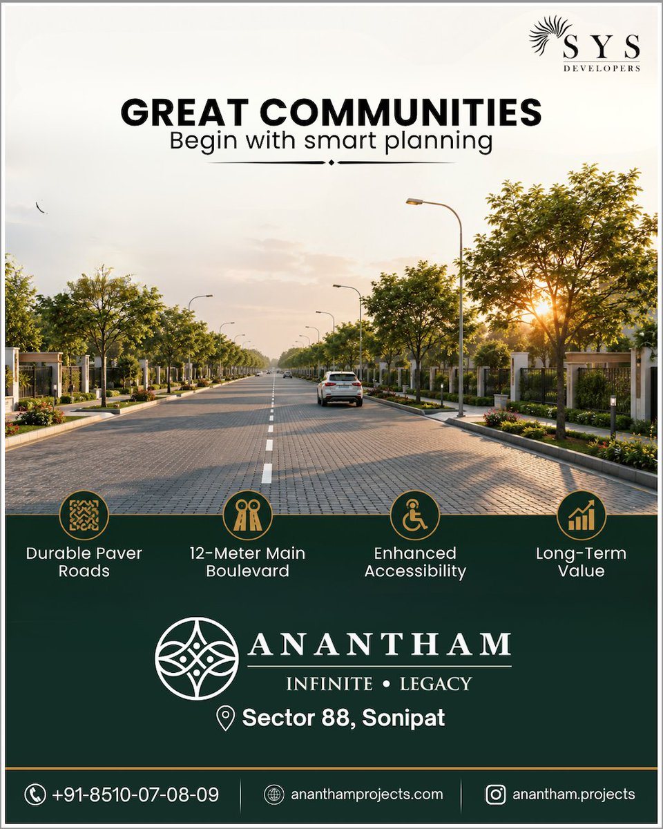 Anantham88's tweet photo. Smart planning creates stronger communities.

Durable paver roads, a 12-meter grand boulevard, enhanced accessibility, and long-term value—all coming together at Sector 88, Sonipat. The future starts with thoughtful development. https://t.co/xB4DycOwPe