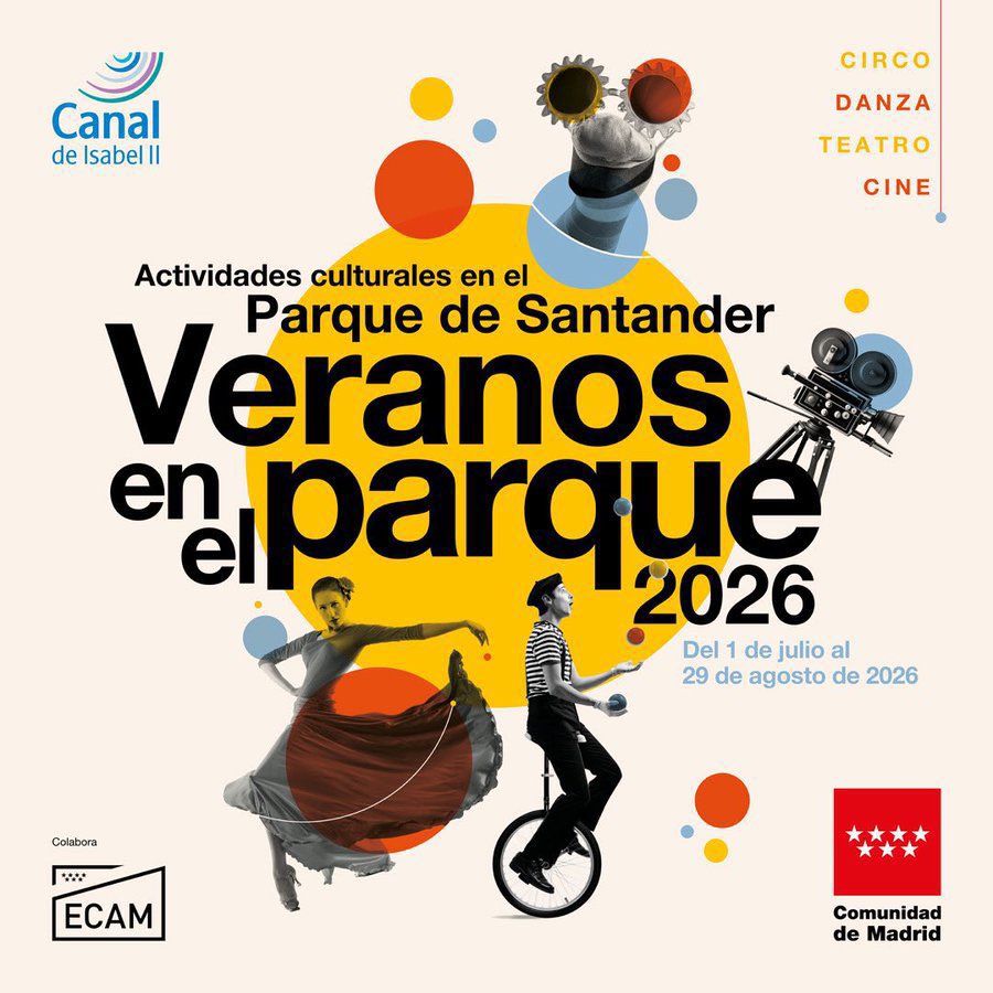 CulturaCMadrid's tweet photo. 🌞 La @ComunidadMadrid reúne desde hoy danza, cine y artes escénicas en la segunda edición de Veranos en el parque.

📆 Del 1 de julio al 29 de agosto. 
📍 Parque de Santander, Madrid. 

+Info: https://t.co/FVVgms5MDH 

#MadridEsCultura https://t.co/LtzkVZctOV