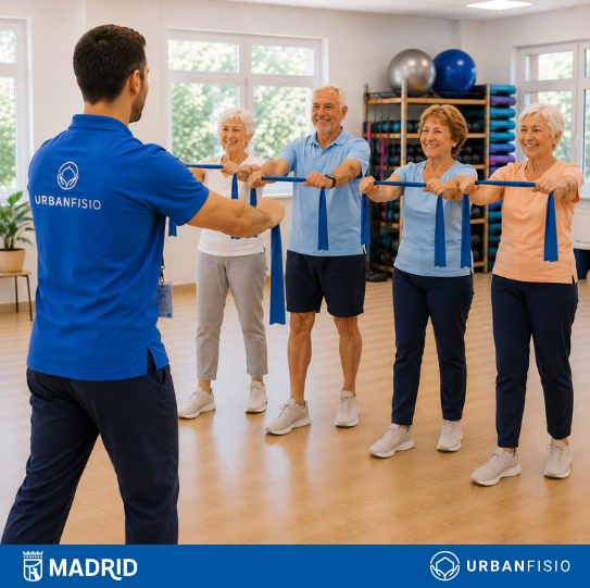 UrbanFisio's tweet photo. En las sesiones grupales del Programa de Fisioterapia Preventiva en los CMM del Ayto. de Madrid, las personas mayores no solo entrenan fuerza y equilibrio: también comparten motivación, apoyo y confianza. Porque cuidarse juntos también mejora la salud. https://t.co/VPfWMAElBW