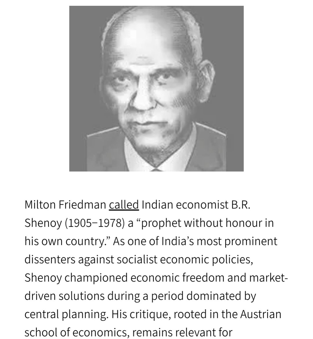 piyushbodaa's tweet photo. Picture the scene: New Delhi, April 1955.

Twenty-one of India's most accomplished economists are assembled to review the draft of the Second Five-Year Plan, a blueprint for state-led industrialisation that Prime Minister Pandit Jawahrlal Nehru and his planners believed would finally lift the nation out of poverty. Twenty of the economists endorse the plan. One does not.

Bellikoth Ragunath Shenoy, a monetary economist trained at the Benaras Hindu University and the London School of Economics, submits instead a Note of Dissent. In it, he warns that deficit financing on this scale will trigger runaway inflation, that central planning will breed inefficiency and corruption, and that the controls required to make the plan work will, over time, hollow out India's democratic institutions. He wrote, "to force a pace of development in excess of the available real resources must necessarily involve uncontrolled inflation… once inflation begins, it tends to gather momentum. We should, therefore, be forewarned about the dangers of an over-ambitious plan." 

Nobody listened. The plan went ahead. Prices rose by 30% over its course. A balance of payments crisis arrived in 1957, exactly as Shenoy had forecast. The licence-permit-raj he warned against evolved into a system so entrenched it took four more decades to begin dismantling. When Milton Friedman read the dissent note in 1963, he said it did not read like a forecast but like a retrospective account of what had already happened. 

Shenoy was largely forgotten until 1991, when India's reforms proved, almost point by point, everything he had argued for in 1955. He is sometimes called India's Hayek.