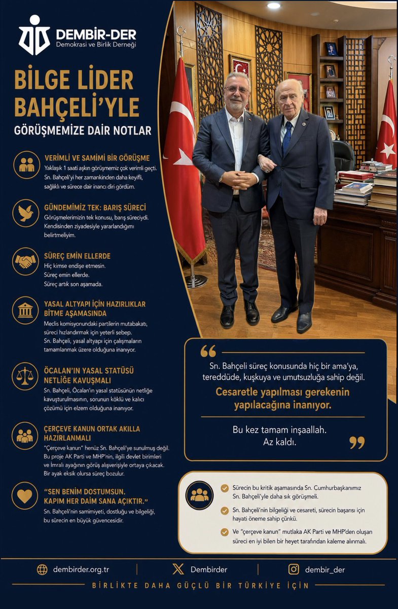 Dembirder's tweet photo. Türkiye’nin barış ve kardeşlik dolu yarınları için umutluyuz, kararlıyız!

Genel Başkanımız Sayın @MetinerBasin ‘in MHP Bilge Lideri Sayın Devlet Bahçeli ile gerçekleştirdiği tarihi görüşmenin çok önemli detayları ve geleceğe dair kıymetli notları...

“Bu kez tamam inşallah, az kaldı.”İnancımız tam, süreç emin ellerde! 🤝

Demokrasi ve Birlik Derneği 🇹🇷