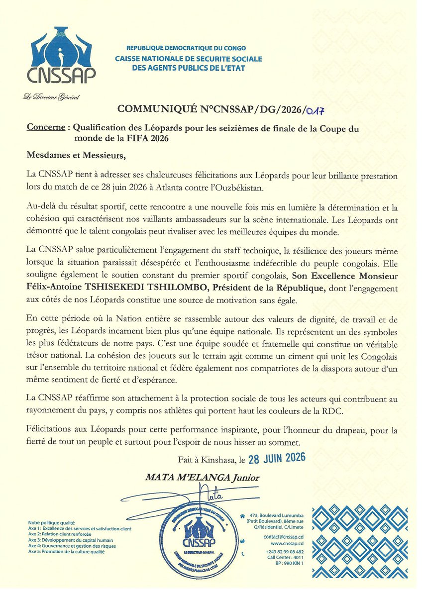 drcactucd's tweet photo. CM 2026 / Qualification des Léopards pour les seizièmes de finale : la CNSSAP rend hommage à une équipe qui rassemble et fait rayonner la RDC https://t.co/U4c8d0IXa5