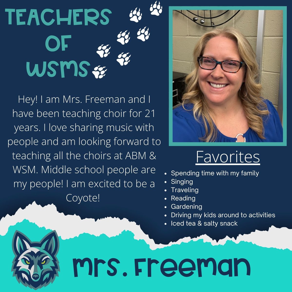 WSMCoyotes's tweet photo. Meet Our WSMS Staff!  We’re excited to introduce the incredible educators and staff members joining the Wolf Springs Middle School family.  Let’s give them a warm Coyote welcome as we prepare for an amazing year together! https://t.co/7tmZ3qJgV5