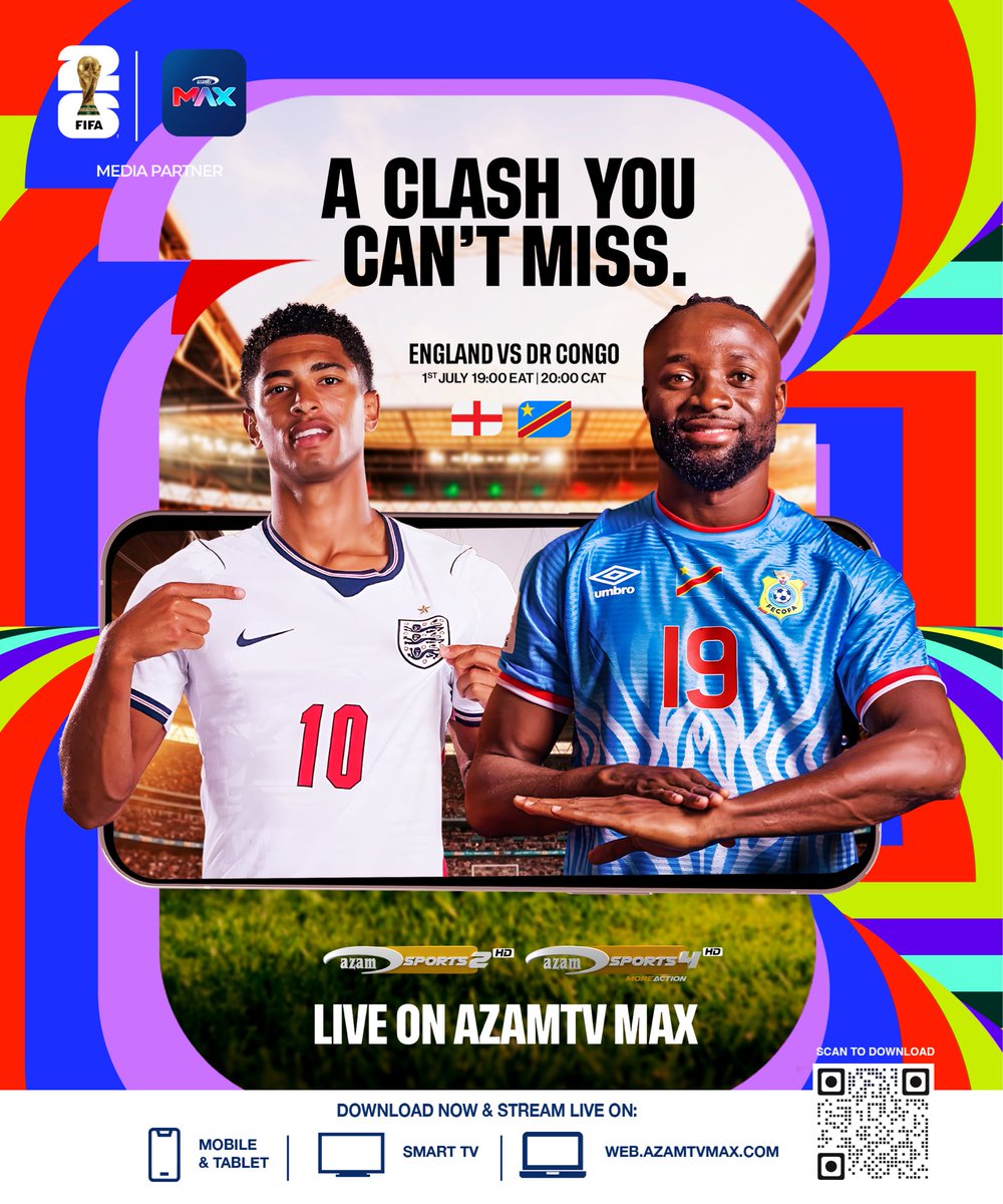 azamtvRw's tweet photo. ⚽ Ubwongereza 🆚 DR Congo
🕗 20:00 
📺 Azam Sports 2&amp;4 HD

Ntabe ari wowe ucikwa uyu mukino urimo abakinnyi b'ibihangange nka Jude Bellingham bahanganye na DR Congo? Oya rwose!

#imyidagadurokuribose
#entertainmentforeverybody https://t.co/myxlsRnuTW