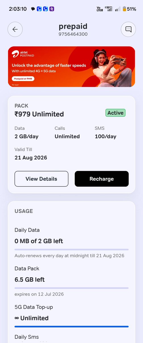 mukeshkumar0707's tweet photo. @airtelindia क्या मजाक चल रहा है ग्राहकों के साथ?
मैने 979 ₹ का रिचार्ज कराया जिसमें आपके द्वारा अनलिमिटेड 5G डाटा देने का वादा किया 
परंतु 5G एरिया में रहने के बाद भी सारा 4G डाटा खत्म होता है और 5G बिल्कुल भी नहीं कटता?
@TRAI @jagograhakjago प्लीज भ्रामक विज्ञापन पर रोक लगाओ https://t.co/bCUz5rJuzi