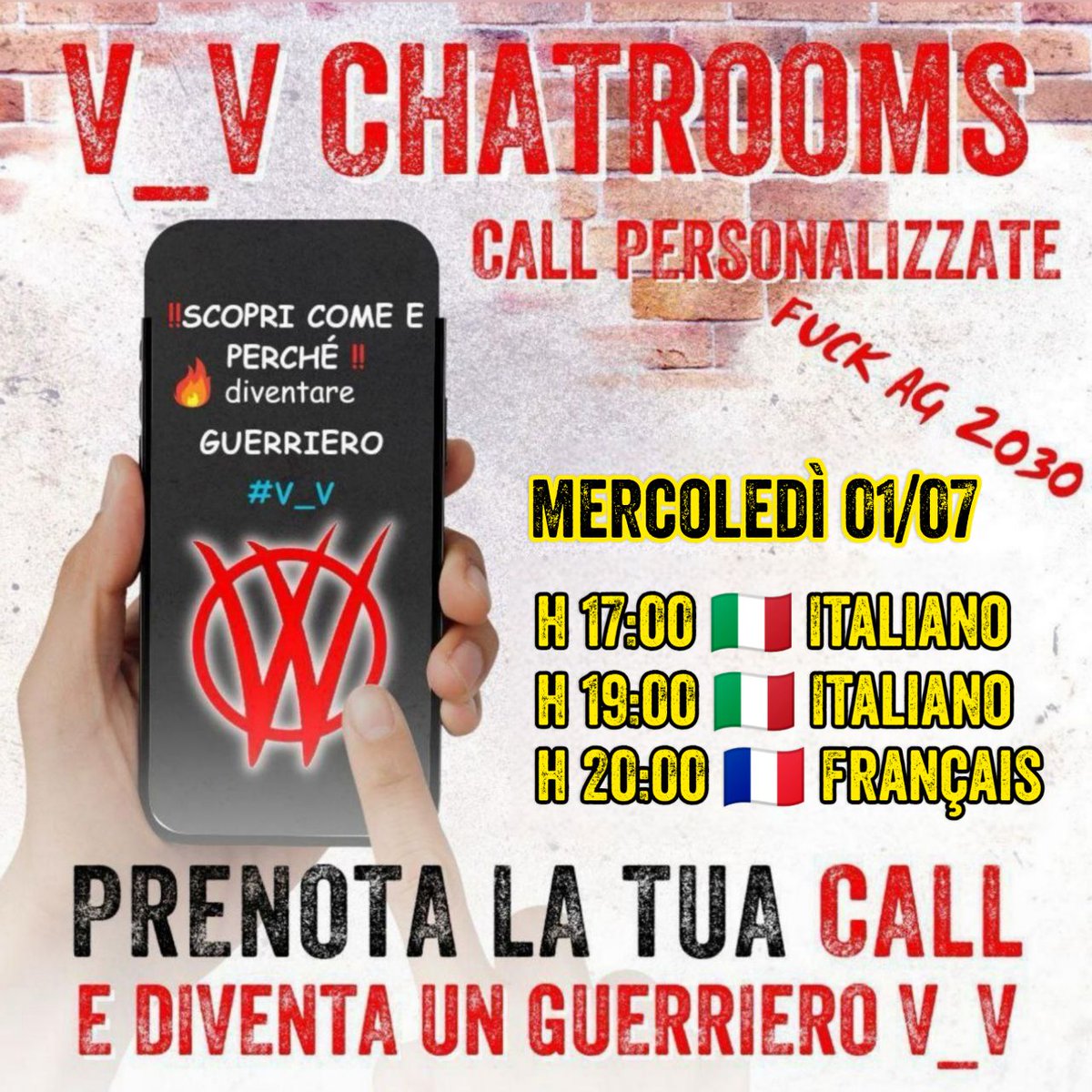 VVlibera's tweet photo. VIENI A PARLARE IN MODO RISERVATO CON UN GUERRIER0  #V_V  CHE TI SPIEGA PERCHÈ L0TTIAMO E COSA FARE PER L0TTARE ANCHE TU

ON LINE OGGI
Mercoledì #1luglio🔥

h 17:00 🇮🇹 Italiano
h 19:00 🇮🇹 Italiano
h 20:00 🇫🇷 Français

https://t.co/nGANYpGYMo https://t.co/7dn5457OWT
