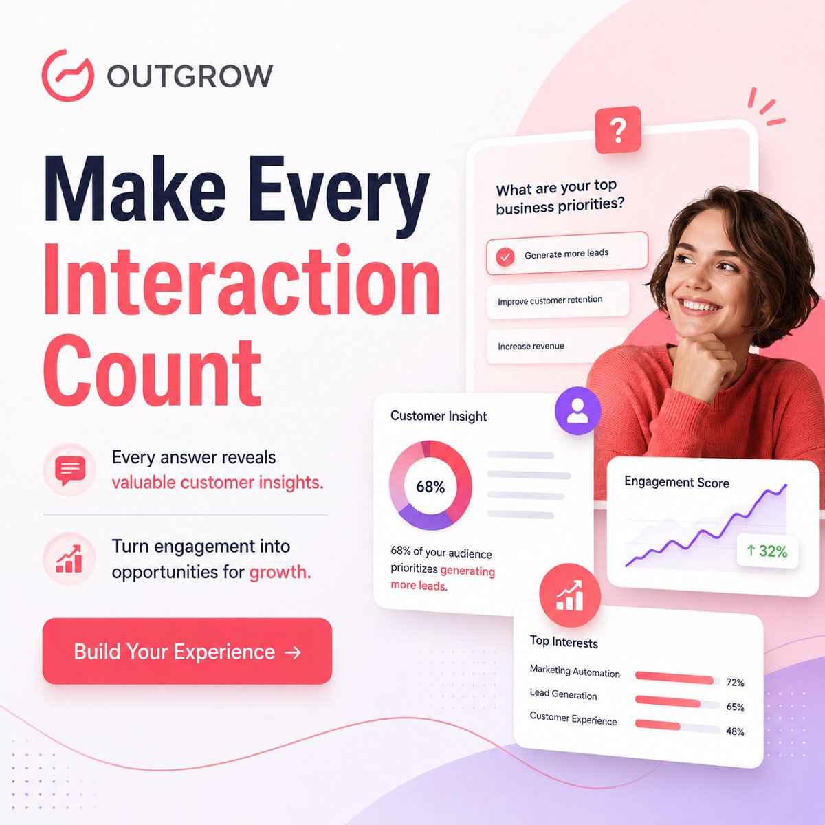 OutgrowCo's tweet photo. 💡 Every Click Tells a Story

Meaningful engagement goes beyond collecting responses, it uncovers what your audience truly wants. 📊✨

Build interactive experiences that capture valuable insights, personalize every interaction, and transform curiosity into qualified opportunities. The more your audience engages, the more your business learns. 🚀
Build your experience today! Link in comments.

#Outgrow #InteractiveContent #LeadGeneration #MarketingAutomation #CustomerExperience #DigitalMarketing #BusinessGrowth