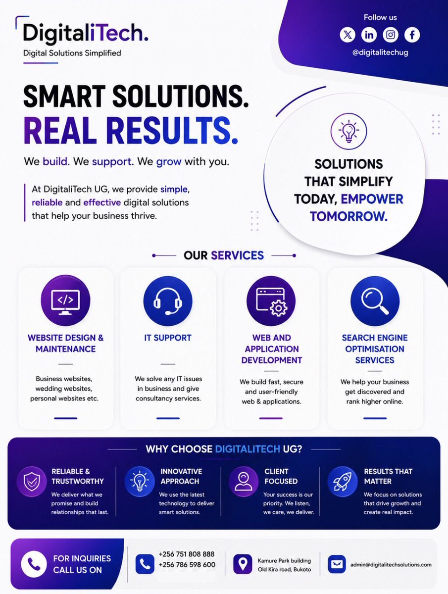 DigitaliTechug's tweet photo. Great businesses are built on smart digital solutions.
Whether you need a professional website, reliable IT support, a custom web application, or better visibility on Google, DigitaliTech UG is here to help.
Let's build something amazing together.
#DigitaliTechUG https://t.co/c8SxclbgyT