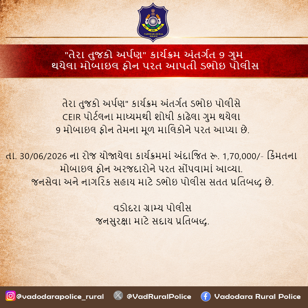 VadRuralPolice's tweet photo. "તેરા તુજકો અર્પણ" કાર્યક્રમ અંતર્ગત ડભોઇ પોલીસે CEIR પોર્ટલના માધ્યમથી શોધી કાઢેલા 9 ગુમ થયેલા મોબાઇલ ફોન તેમના માલિકોને પરત સોંપ્યા.

જનસેવા અને નાગરિક સહાય માટે વડોદરા ગ્રામ્ય પોલીસ સતત કાર્યરત છે. 📱🚔

#TeraTujhkoArpan #CEIR #DabhoiPolice #VadodaraRuralPolice #CitizenService https://t.co/grtV87Drws