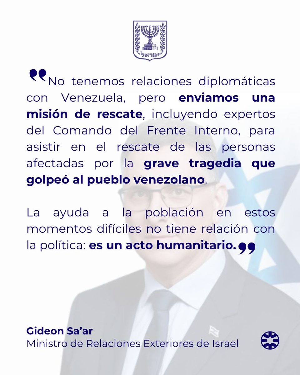 IsraelinSpanish's tweet photo. Ministro de Relaciones Exteriores, @gidonsaar, sobre la misión de rescate de Israel enviada a Venezuela. https://t.co/p3Wnc37P4j
