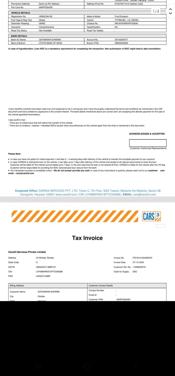 sn76sharma's tweet photo. @vikramchopra @cars24india Sir 
I have sold my car to you on 8 Dec 2024. You have failed to transfer the Ownership. Some one is driving the   car continuously and your team is saying that your channel partner is not reachable. Why should people sale their car to you.? https://t.co/04dvuZAIhx