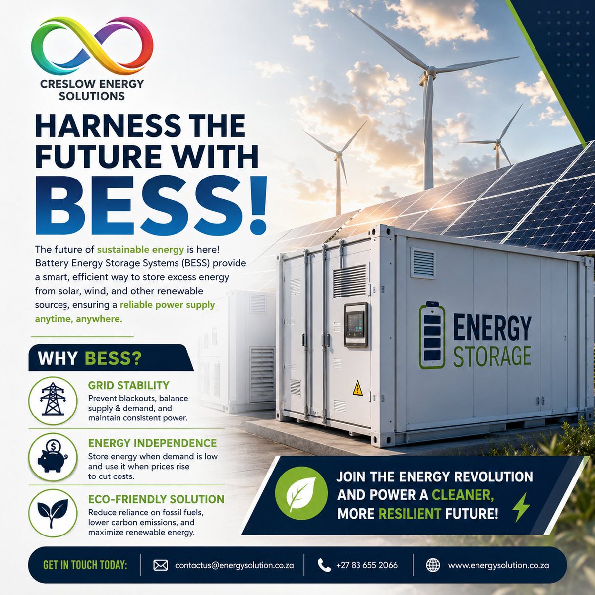 CreslowSolution's tweet photo. Take control of your energy with Battery Energy Storage Systems (BESS).

⚡ Improve energy reliability
💰 Reduce electricity costs
🌱 Maximise renewable energy
🏭 Power your business with confidence

#BESS #EnergyStorage #RenewableEnergy #SmartEnergy #CreslowEnergySolutions https://t.co/MkkpnKfFvz