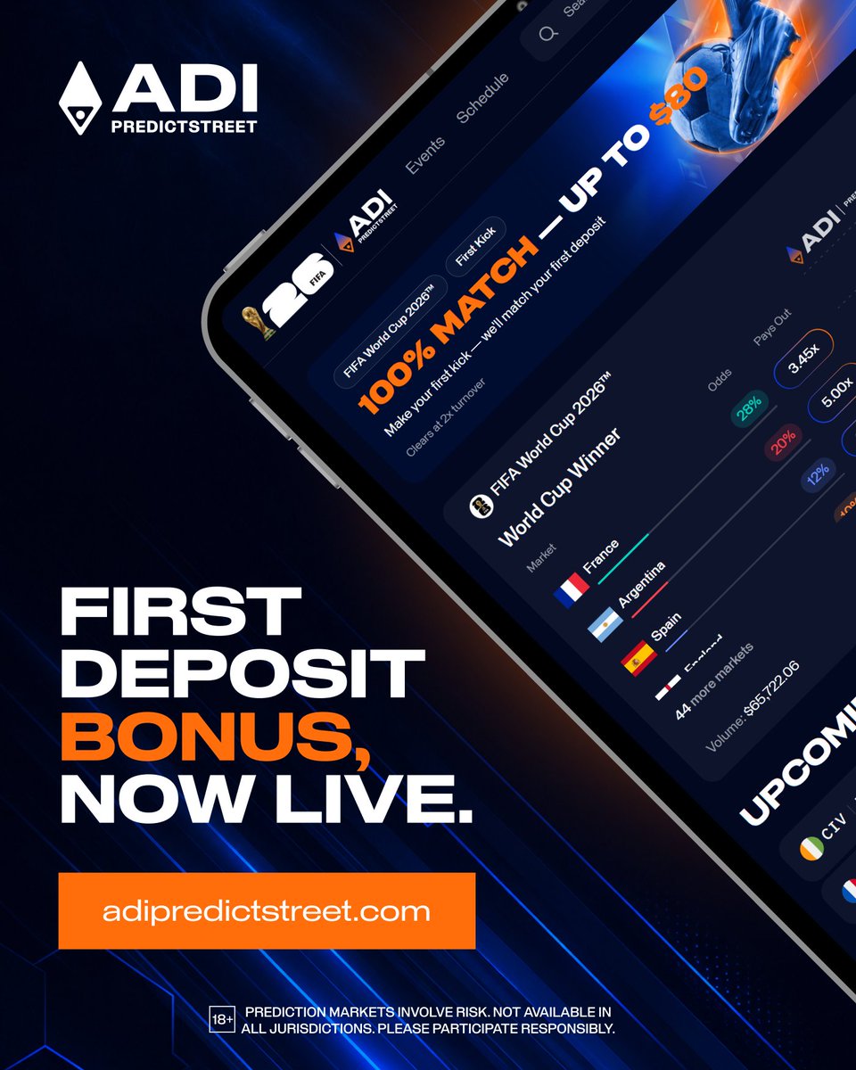 Predictstreet's tweet photo. New on ADI Predictstreet: 100% deposit match, up to $80.

Make your first prediction, we match your first deposit.

Knockouts are live, markets are open.

Claim your deposit bonus now: https://t.co/bEIOjOWVFg https://t.co/gEVjTOAgrm
