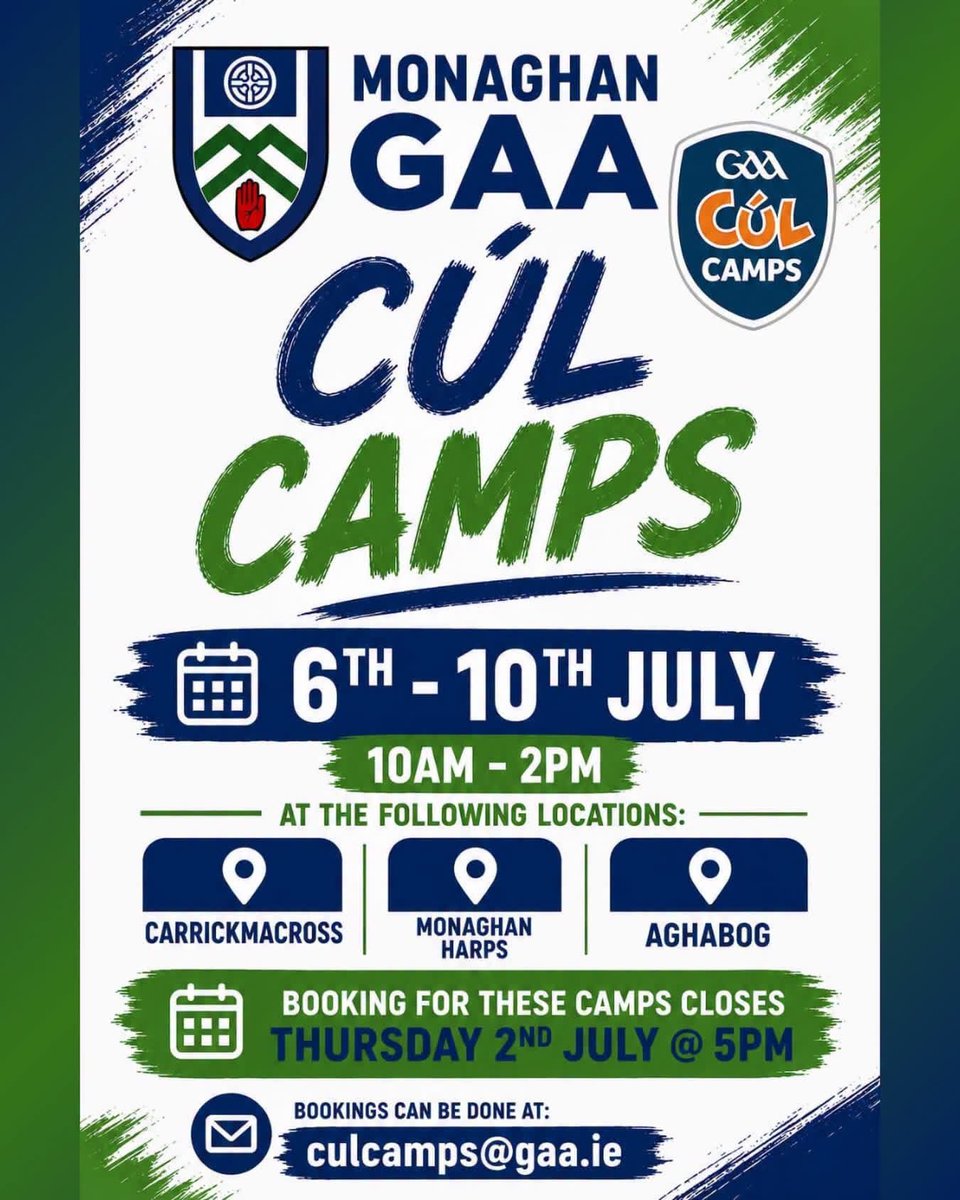 monaghangaa's tweet photo. 📢 Great news for hurling in Monaghan! 🏑

We're delighted to announce that Monaghan GAA will have a designated hurling coach employed to attend various Cúl Camps throughout the summer. It's a fantastic initiative that will give young players even more opportunities to try hurling for a first time, develop their skills, grow their love for the game, and enjoy the best of hurling.

Keep your eyes peeled for more details as the summer unfolds! 👀

First up will be Monaghan Harps Hurling / Monaghan Harps GAA  & Carrickmacross Emmets Hurling / Carrickmacross Emmets
