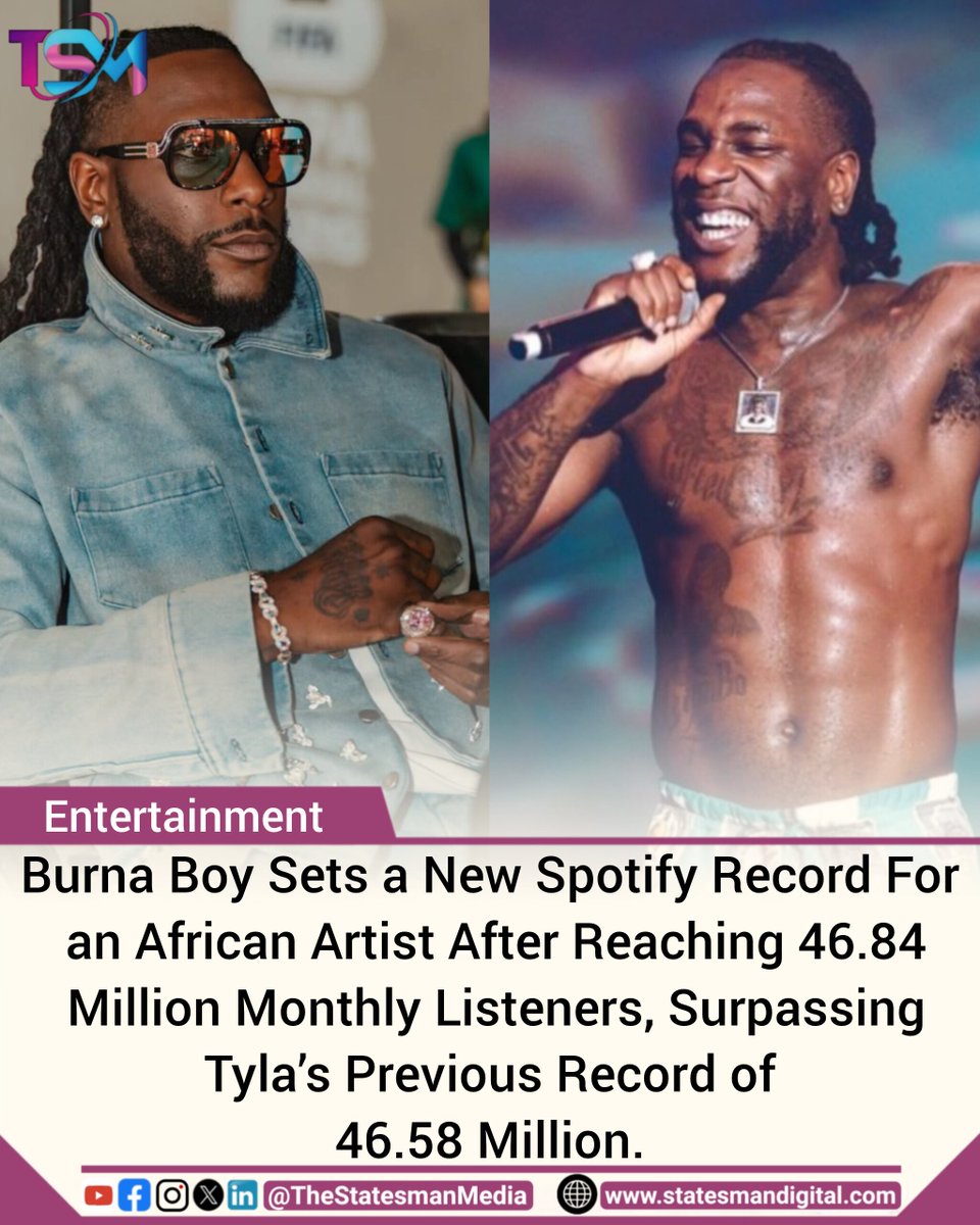 VarsityEdu's tweet photo. Nigerian Afrobeat superstar, Burna Boy has set a new Spotify record for an African artist after reaching 46.84 million monthly listeners, surpassing Tyla’s previous record of 46.58 million.

#TSMEntertainment https://t.co/UmoB1ePqpR