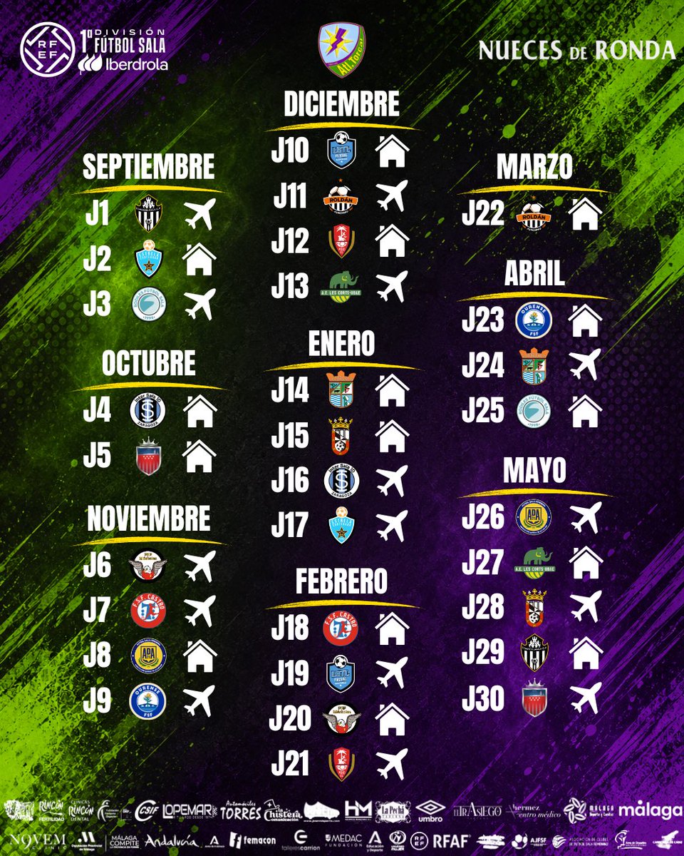 AtleticoTorcal's tweet photo. 🗓️ ¡Ya conocemos nuestro calendario para la temporada 26/27!

Estas son las 30 jornadas que nos esperan en esta nueva aventura en primera división.

Comenzaremos la liga lejos de casa, con un exigente desplazamiento a Melilla para enfrentarnos al @TorreblancaFS1 

#GoTorcal 💜💚 https://t.co/uL3bcvIRDN