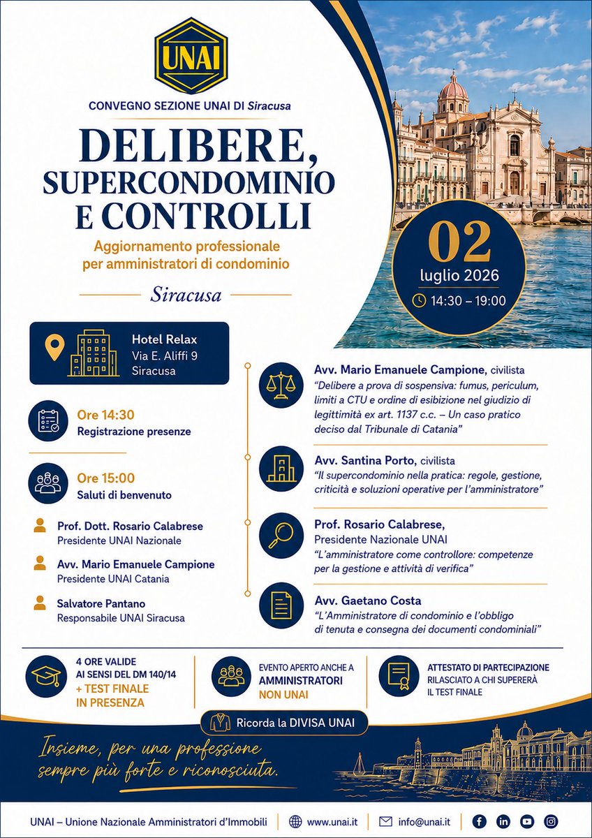 Unai_Nazionale's tweet photo. ๐๏ธ Delibera condominiale bloccata da un giudice? Un caso vero del Tribunale di Catania, venerdรฌ 3/7 al Convegno UNAI.
๐ Airone City Hotel, Catania
โฐ 8:30-14:00
โ
4 ore formative + attestato
๐ฅ Aperto anche a non UNAI
๐ฉ info@unai.it
#UNAI #Condominio #Catania https://t.co/wKLfHJuy9I