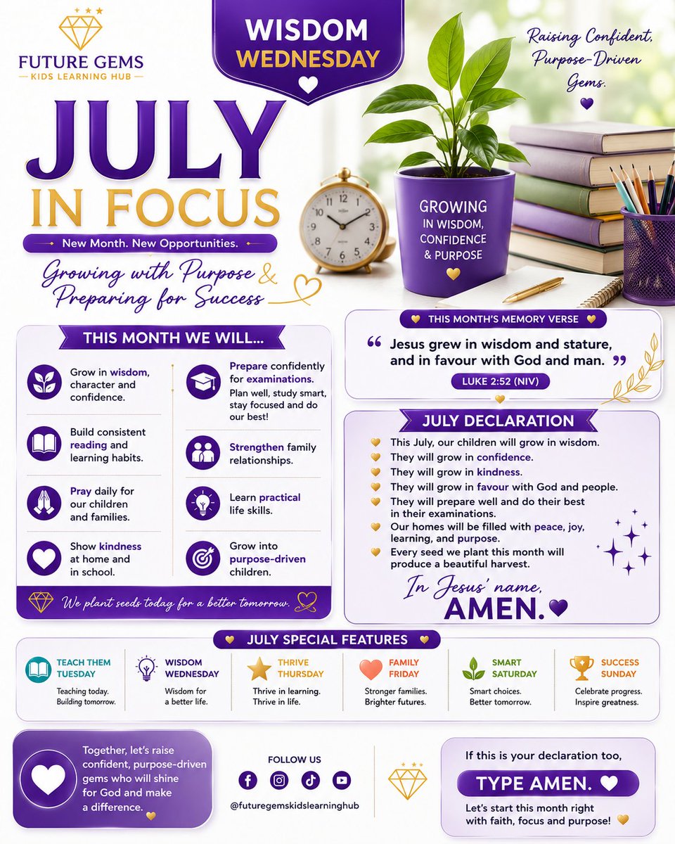 FutureGKLH's tweet photo. 💜 Hello, July!
This month at Future Gems, we're Growing with Purpose & Preparing for Success. 🌱📚
Luke 2:52
Here's to a month of wisdom, growth, faith, and success! 💎
#JulyInFocus #WisdomWednesday #FutureGems https://t.co/rYXUP1QMul