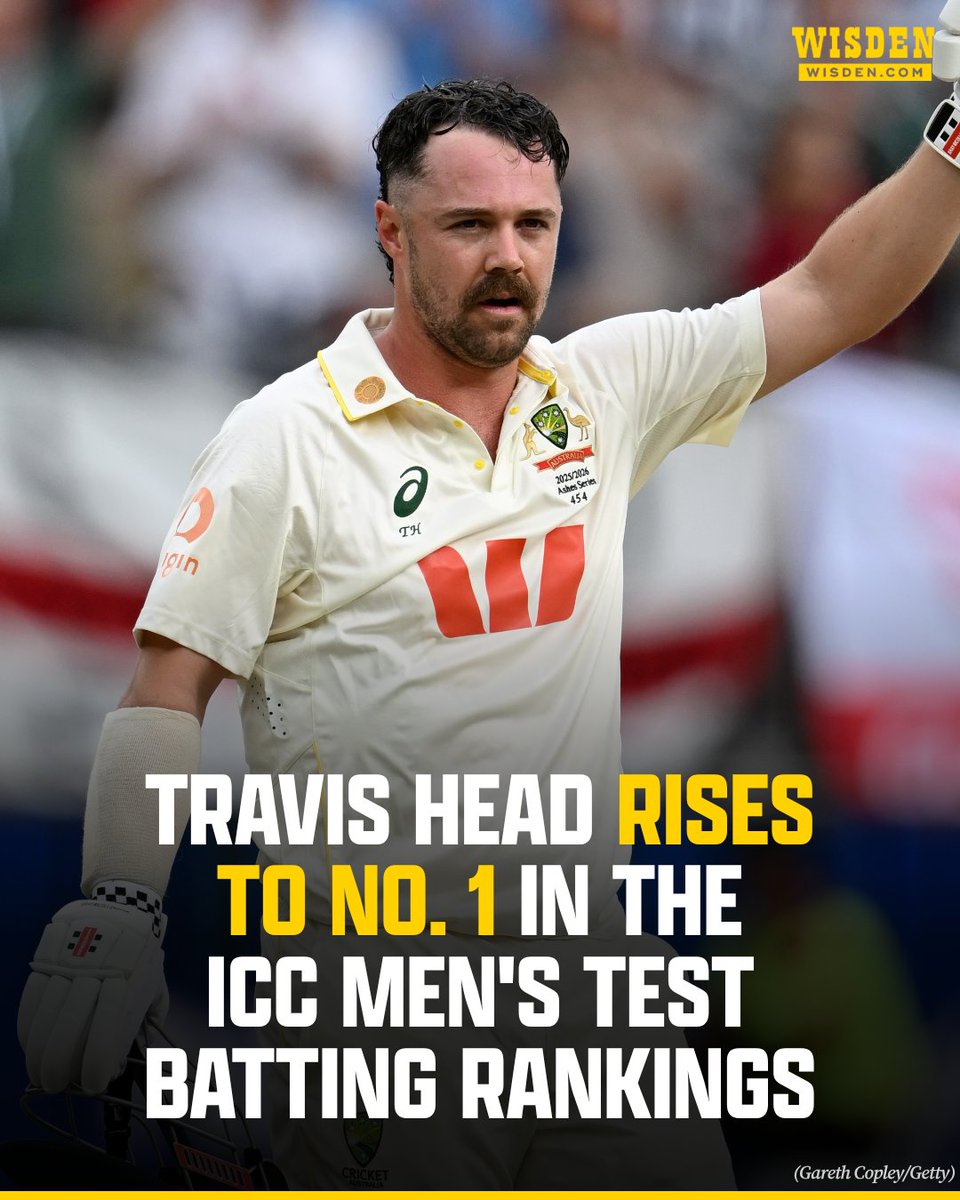 WisdenCricket's tweet photo. Travis Head leapfrogs Harry Brook and Joe Root to become the No. 1 ranked Test batter 🇦🇺

#ICCRankings #Cricket https://t.co/B71Zlrx5XW