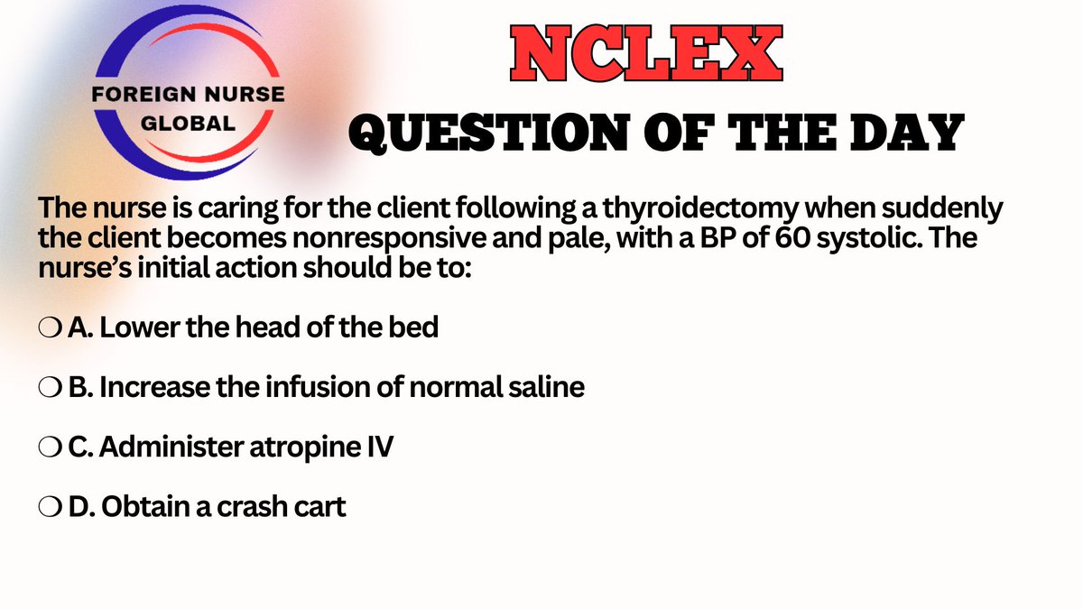 foreignnurseglb's tweet photo. LET'S ATTEMPT NCLEX QUESTION TODAY....
SEND IN YOUR ANSWERS.....
THE CORRECT ANSWER WILL BE POSTED LATER.....
 #FNG #foreignnurseglobal #nclexreview #nclexsurepass #nclexmadeeasy #nclexpass #NCLEX #NCLEX_RN #nclexprep #nclexquestions #nclexstudy #nclextips #USRN #nclexpreparation https://t.co/kIuDVNgUWG