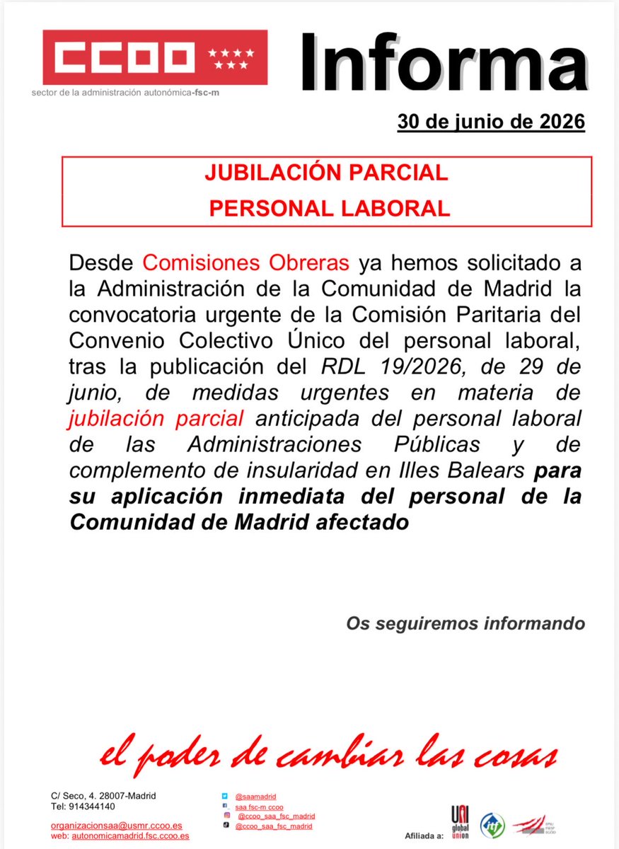 saamadrid's tweet photo. Jubilación parcial personal laboral de la Comunidad de Madrid
El Sector de la Administración Autonómica solicitó ayer mismo la Convocatoria urgente de la Comisión Paritaria 
#CCOO 
#JubilaciónParcial 
#Indispensables https://t.co/GwhG7ZWaQD