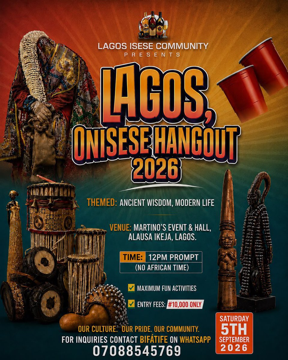 ILE_AJISEFA's tweet photo. @lagosonisesefam is hosting the first Lagos Onísẹ̀se hangout. 

Honestly, you can learn from books.
You can watch videos.
You can join online spaces.

But nothing replaces sitting in a room with hundreds of people who share your values, culture, and spirituality.

That’s what the Lagos Onísẹ̀ṣẹ̀ Hangout 2026 is about.

Come network, learn, laugh, and build lasting relationships.

To join their WhatsApp group click on this link and introduce yourself. 

https://t.co/gaJxqaqHe5