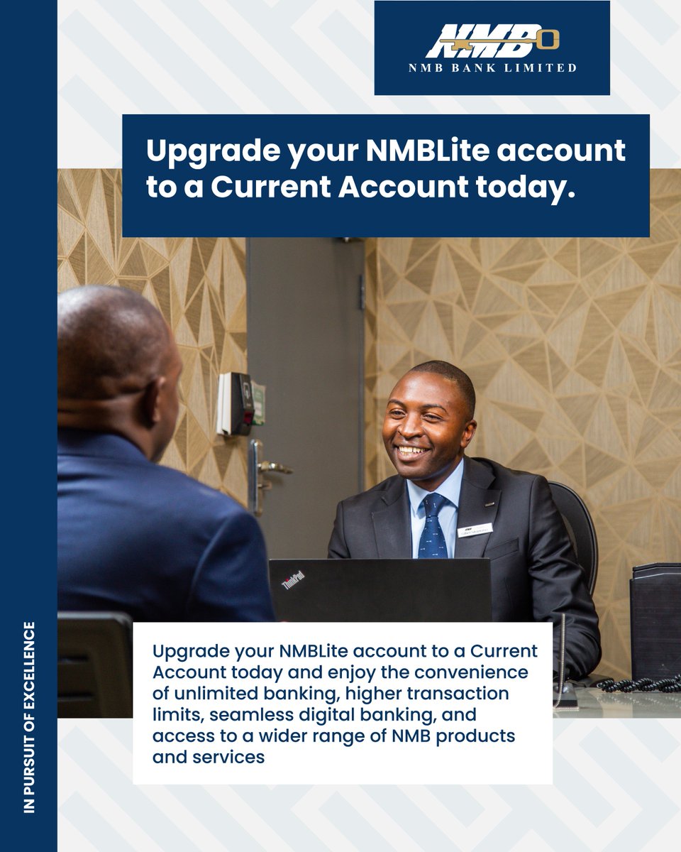 NMBBankZim's tweet photo. Take your banking to the next level.
Upgrade from NMBLite to an NMB Current Account and enjoy:
• Higher transaction limits
• Seamless digital banking
• Access to a wider range of NMB products and services
Dial *241# or use your NMBConnect App to upgrade
#NMBBank #CurrentAccount #BankWithNMB #InPursuitOfExcellence