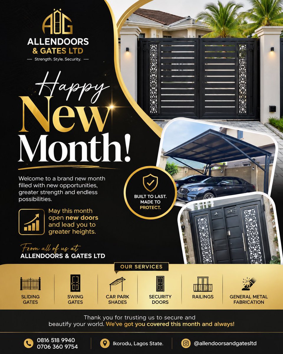 ALLENDOORNDGATE's tweet photo. Happy New Month from Allendoors &amp; Gates Ltd 🎉✨

May this month open new doors of success, growth and new opportunities. 🚪

Thank you for trusting us to deliver strength, style &amp; security. 🔐

#AllendoorsAndGatesLtd #BuiltToLast #QualityCraftsmanship https://t.co/FcxbKirKl7