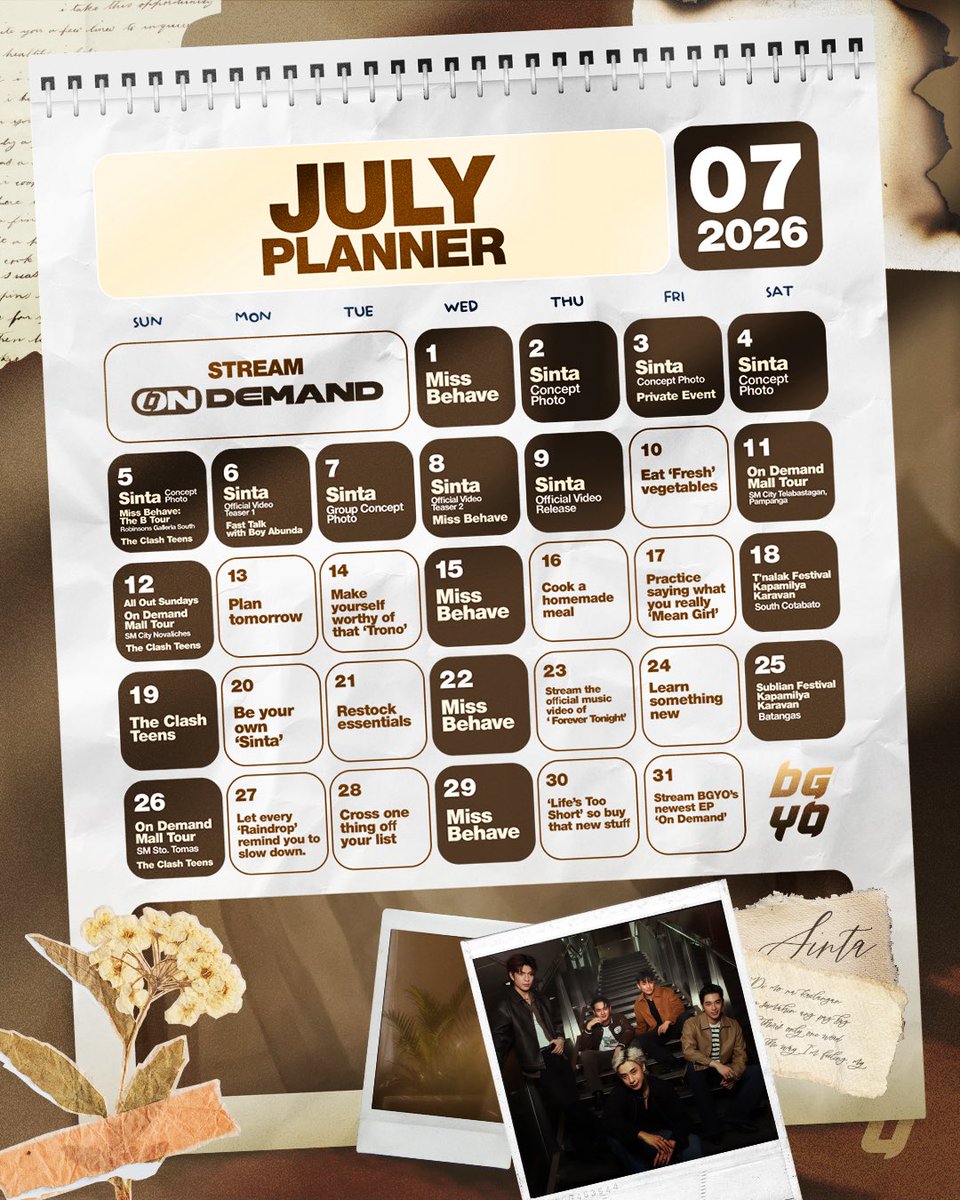 bgyo_ph's tweet photo. Charge up and bring all your energy and love, our SINTA! 🤎

DATES TO REMEMBER 📅

📌July 2-9 Sinta: The Sequel Schedule
📌 July 5– MISS BEHAVE; The B Tour at Robinsons Galleria South, San Pedro, Laguna
📌 July 10 – Cityhood Anniversary, Sta. Rosa, Laguna.
📌 July 11 – On Demand Mall Tour at SM City Telabastagan, Pampanga
📌 July 12 – On Demand Mall Tour at SM City Novaliches (NEW VENUE)
📌 July 18 – T'nalak Festival Kapamilya Karavan in South Cotabato
📌 July 25 – Sublian Festival Kapamilya Karavan in Batangas
📌 July 26 – On Demand Mall Tour at SM City Sto. Tomas, Batangas

See you there! 

Keep streaming ‘On Demand’ EP!
🔗https://t.co/96rKiIKxZJ

#BGYO #BGYO_OnDemandEP