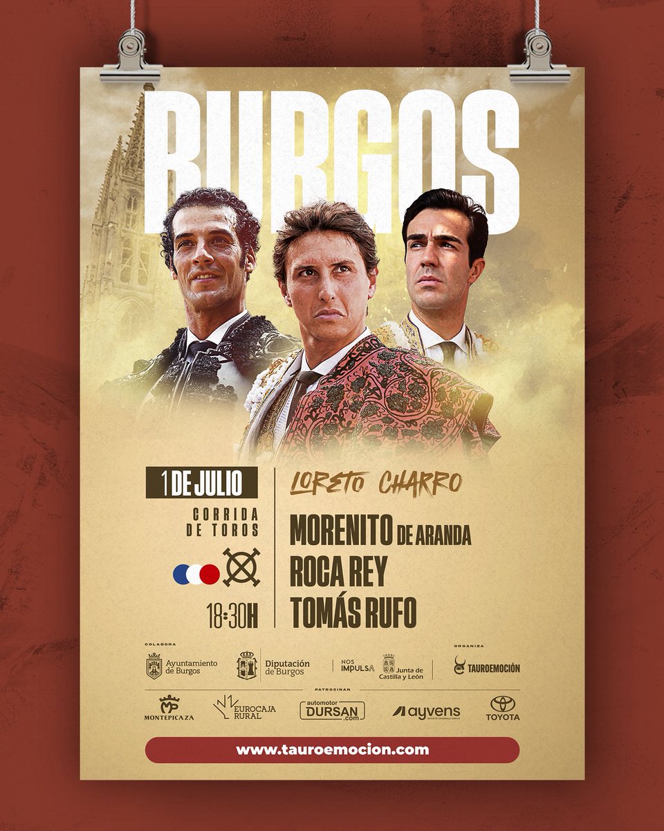 feriadeburgos's tweet photo. 🔜💥 ¡𝗖𝗨𝗔𝗥𝗧𝗔 𝗗𝗘 𝗙𝗘𝗥𝗜𝗔! Toros de Loreto Charro para 𝗠𝗼𝗿𝗲𝗻𝗶𝘁𝗼 𝗱𝗲 𝗔𝗿𝗮𝗻𝗱𝗮, 𝗥𝗼𝗰𝗮 𝗥𝗲𝘆 𝘆 𝗧𝗼𝗺𝗮́𝘀 𝗥𝘂𝗳𝗼 esta tarde en Burgos. 

👉🎟️ ¡𝗖𝗢𝗠𝗣𝗥𝗔 𝗧𝗨𝗦 𝗘𝗡𝗧𝗥𝗔𝗗𝗔𝗦! En las taquillas del Coliseum y en la web https://t.co/v7zyfG1tPB https://t.co/VfFzRtkSW0