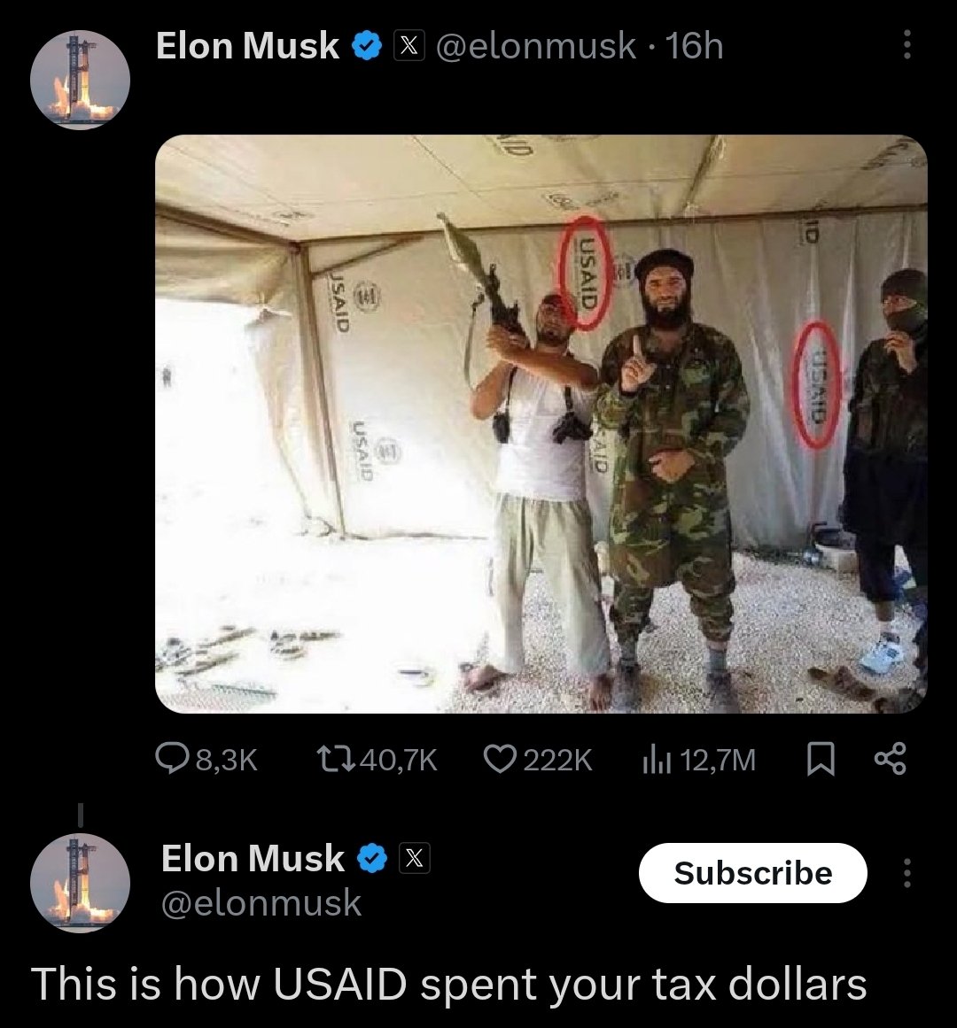 P_Kallioniemi's tweet photo. Elon used this photo to “prove” that USAID (that he defunded) funds terrorism.

Except USAID was not funding terrorists or giving them tents. The photo was taken after terrorists raided a depot in Azaz, near the Syria-Turkey border.

They stole the tent,along with food &amp; weapons. https://t.co/BaEO52f9X8