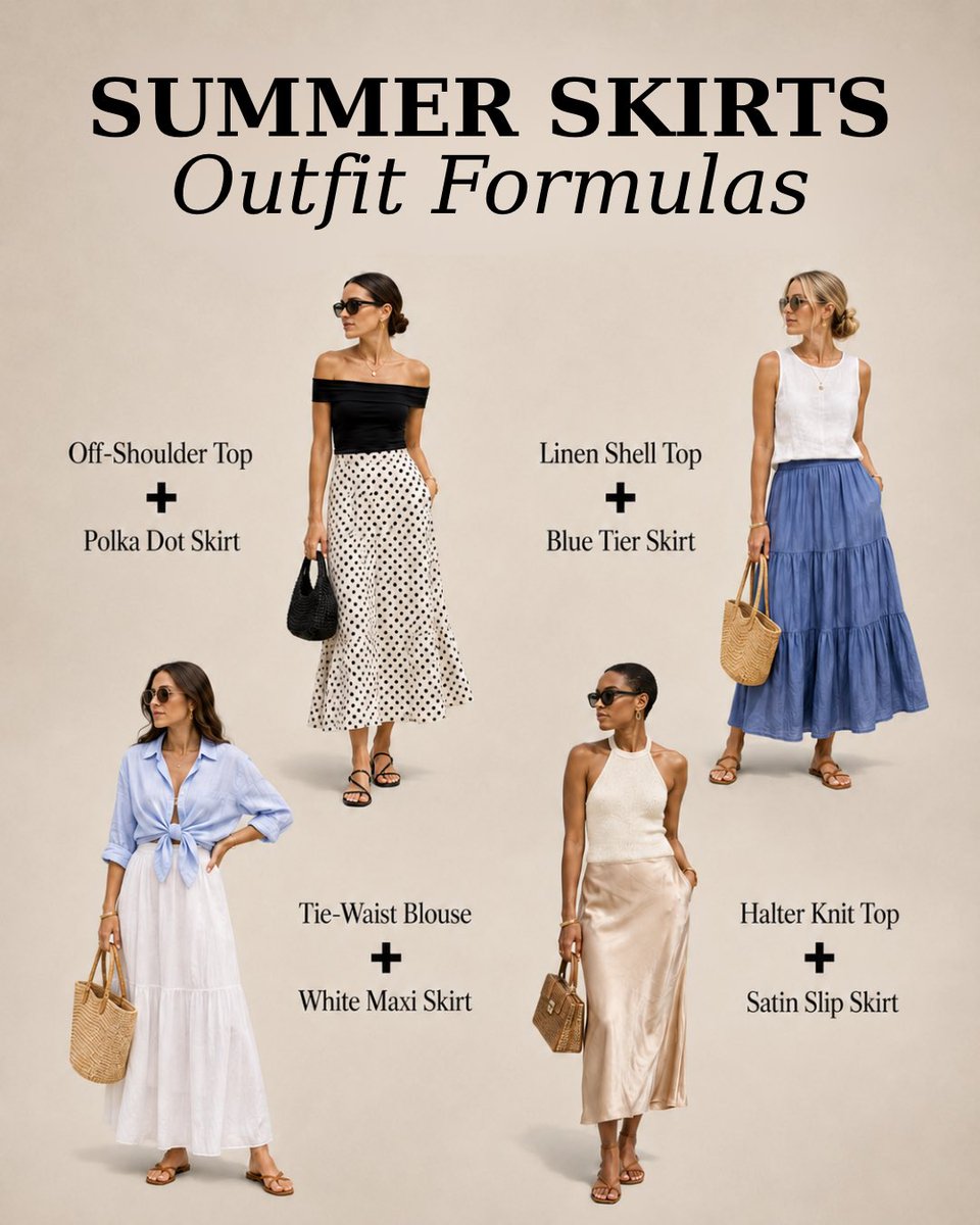 lafemmewanderer's tweet photo. Summer skirts, styled for effortless elegance ✨ https://t.co/Bm4Q0ZV5KD