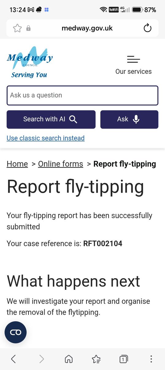 AbreyAlison's tweet photo. @medway_council Hi,

Unfortunately I don't have all the other ones as I deleted the emails. This is the one I did last week and I will be doing another one today as soemting else has been dumped there. It's Oliver Twist close,  ME1 1RT. This is the ref for the one last week https://t.co/fVI2fnYg4t