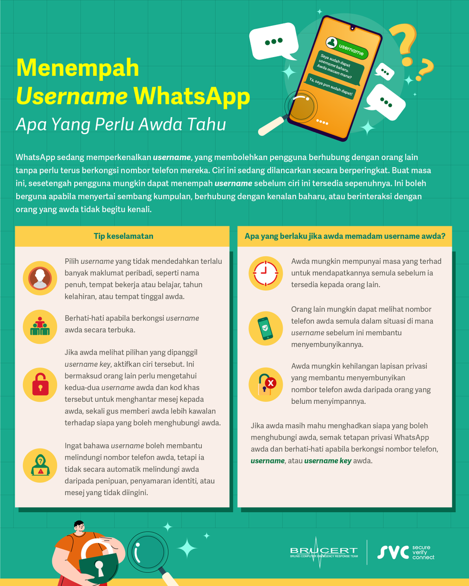 BruneiCERT's tweet photo. Username WhatsApp boleh membantu melindungi nombor telefon awda, tetapi ia tidak secara automatik melindungi awda daripada penipuan, penyamaran identiti, atau mesej yang tidak diingini. Pilih username awda dengan berhati-hati dan semak tetapan privasi awda. https://t.co/KKJNtBTxXi