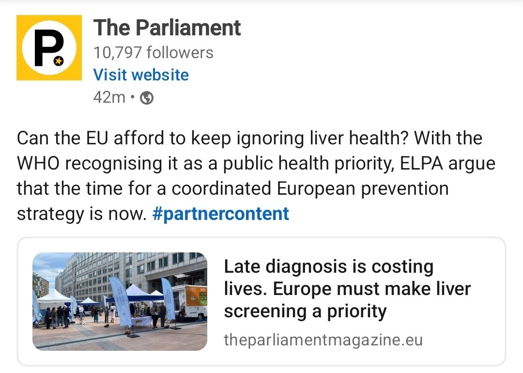 EuropeLiver's tweet photo. As #FattyLiverMonth comes to a close, we are proud to see our work featured in The Parliament Magazine, highlighting why #liverhealth must become a central pillar of Europe's public health agenda.

From the #EuropeanLiverScreeningTour to the ELPA #LiverHealthPreventionVillage at the #EuropeanParliament, ELPA continues to demonstrate that prevention, early detection, education, and community engagement can bring liver health closer to every citizen.

Today, Europe has a unique opportunity to place liver health at the heart of its major health initiatives. The upcoming EU Cardiovascular Health Plan (Safe Hearts Plan), Europe's Beating Cancer Plan, the European Action Plan for Rare Diseases, and the EU4Health Programme... create an unprecedented framework to integrate liver health across prevention, screening, treatment, research, and innovation. 

This means ensuring that liver health is fully embedded across the entire spectrum of liver diseases—from #SLD, #MASLD and #MASH to #hepatitis B, C and D, #livercancer, #rareliverdiseases,  #livertransplantation... —while recognising their strong links with #cardiovascular, #metabolic, #kidney, and #oncological diseases.

This recognition reflects the dedication of our members, partners, healthcare professionals, policymakers, researchers, and patient advocates who continue working together to ensure that liver health is recognised as a cornerstone of public health.

Together, we will continue turning awareness into action and building a future where every European has access to prevention, early detection, timely diagnosis, and equitable care.

Thank you to The Parliament Magazine for helping bring this important conversation to policymakers and readers across Europe.

#FattyLiverMonth #LiverHealth #LiverHealthIsPublicHealth #ELPA #ThinkLiverLiveBetter #EuropeanLiverScreeningTour #Prevention #EarlyDetection #Screening #MASLD #MASH #SLD #HepatitisB #HepatitisC #HepatitisD #LiverCancer #RareLiverDiseases #Transplantation #EU4Health #PublicHealth #HealthPolicy #EuropeanParliament
https://t.co/MvAIbN0Jr5

@OliverVarhelyi @hans_kluge @WHO_Europe @EU_Commission