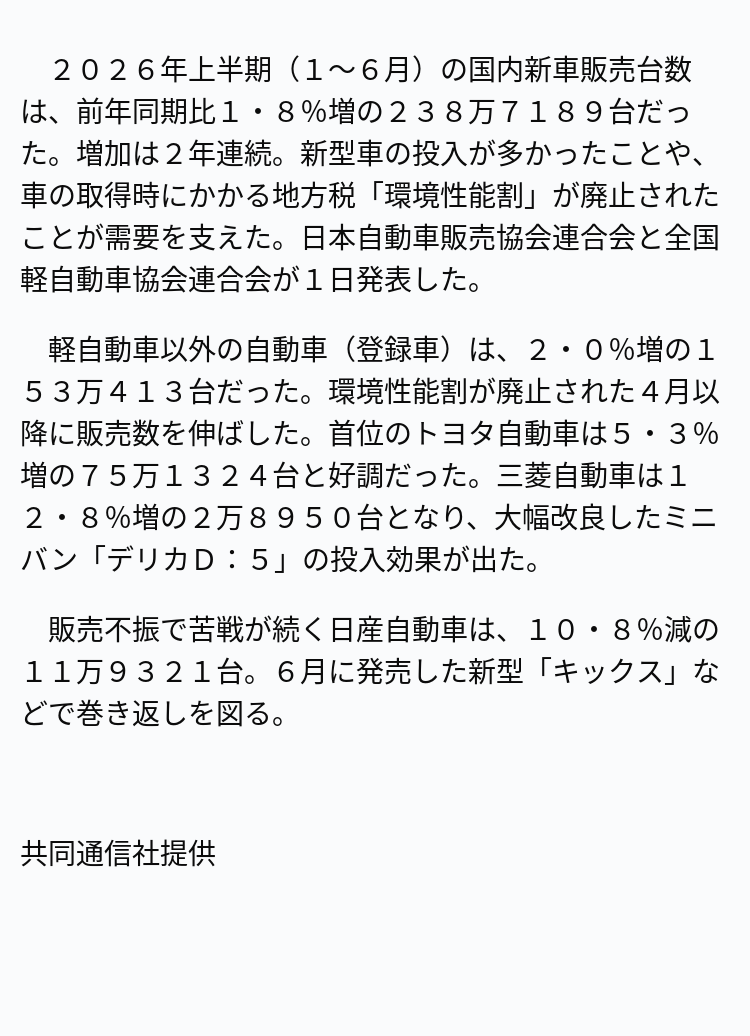 速報】上半期の新車販売、2年連続増加 ※記事は投稿時点の内容です