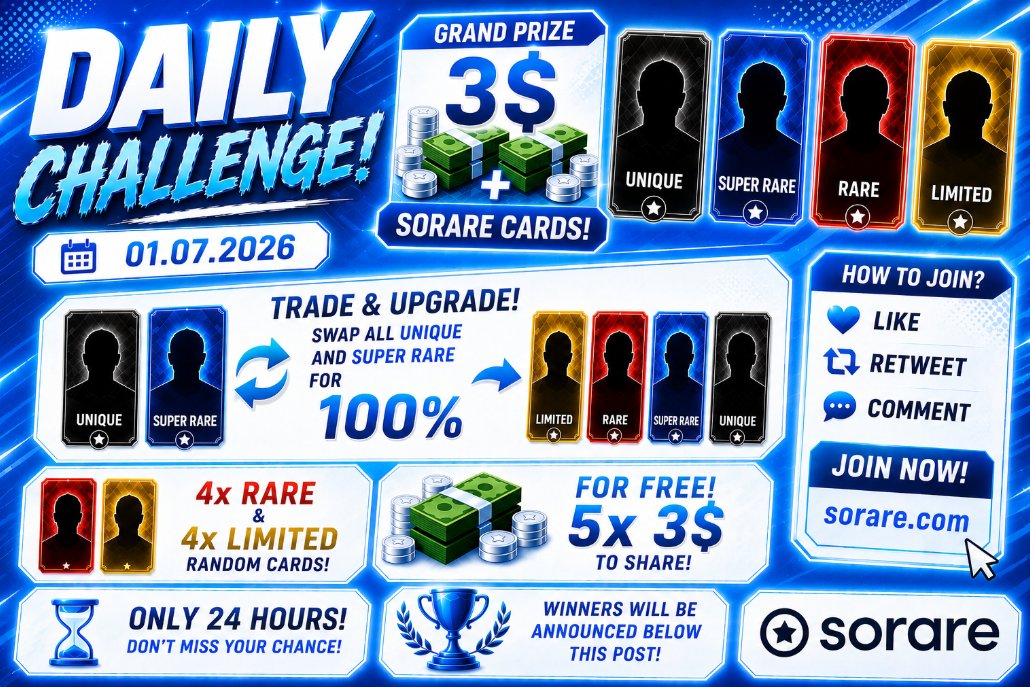 PawelTrader_'s tweet photo. 🆕Daily @Sorare Challenge! 🆕

📅01.07.2026!
1⃣ 5x $3 FOR FREE - for those who share the post.
JUST LIKE ❤️ & RETWEET 🔁
2⃣ WIN CARDS! 🟥3x Rare & 🟨 3x Limited!
3⃣ Swap all my UNIQUE & SUPER RARE for ONLY 100% of yours. 💯

👇How to enter? 
❤️ Like
🔄 Repost
💬 Comment your Sorare username

🆕 New to Sorare? Join here: https://t.co/fnZdbsP1mm
⏰ Valid for 24 hours only!
📢 Winners will be announced below this post. GOOD LUCK👍