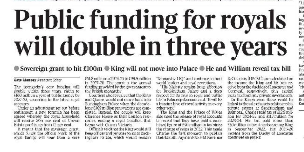 LizWebsterSBF's tweet photo. Why should rising revenues from Britain’s seabed mean a bigger cheque for the monarchy?

The Crown Estate isn’t private royal property.

It’s a national asset.

Time to restore a transparent fixed Civil List instead of linking royal funding to Crown Estate profits. https://t.co/YlZEkH7WJl