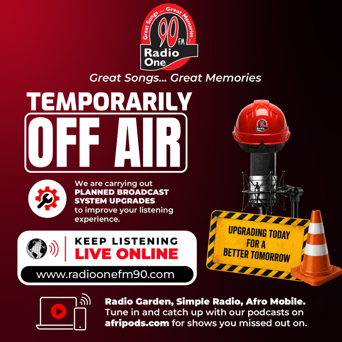 RadioOneFM90's tweet photo. π§ We're temporarily OFF AIR while we carry out planned broadcast system upgrades.
π§ Keep listening LIVE:
π https://t.co/vQKCzYU9SA
Also available on:
π» Radio Garden
π» Simple Radio
π» Afro Mobile
ποΈ Missed a show? Catch up on https://t.co/Bh2FmHZkSY.
#RadioOne #FM90 https://t.co/8pE3JKiyHA