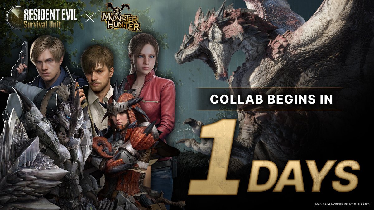 RE_SU_EN's tweet photo. ◤ Resident Evil Survival Unit × Monster Hunter Collab Countdown ◢

Just 1 day until the Resident Evil Survival Unit × Monster Hunter collab goes live! 🎉

Tomorrow, the gates to the hunt swing open. 🚪

Don't miss the moment it begins.

#ResidentEvil #SurvivalUnit #RESU #MonsterHunter
