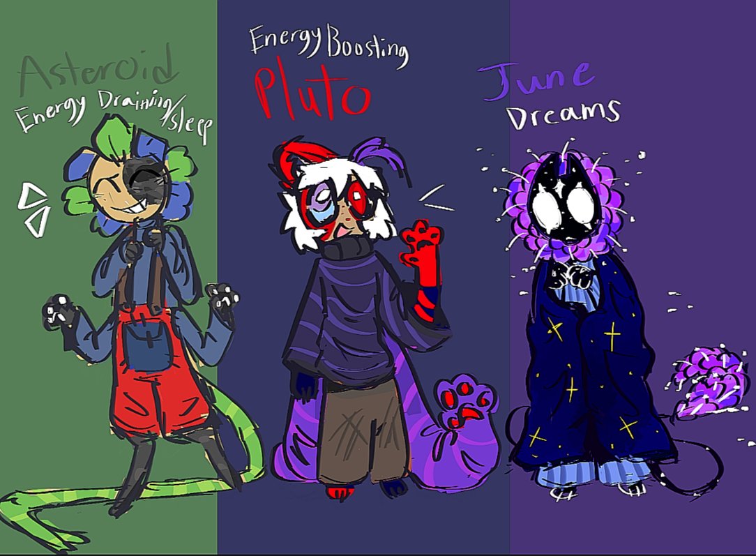 scribble_prince's tweet photo. Some fankids
(Aster is 🌘🌼🫂, Pluto is just 🌘🫂 and June is 🌘🌼 and the only girl)
These are for an au fic that if you recognise - no you don't. https://t.co/yzCJzYzkYd