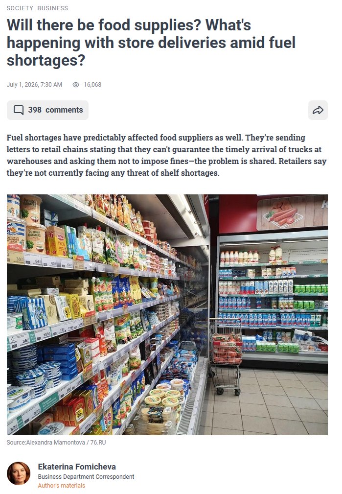 delfoo's tweet photo. In St Petersburg companies that supply groceries retailers are sending letters to said retailers that they can no longer ensure timely delivery of goods due to the fuel shortage and are asking not to be penalized for this breach of contract. Supply of food will be impacted. https://t.co/0bYOZYygW4