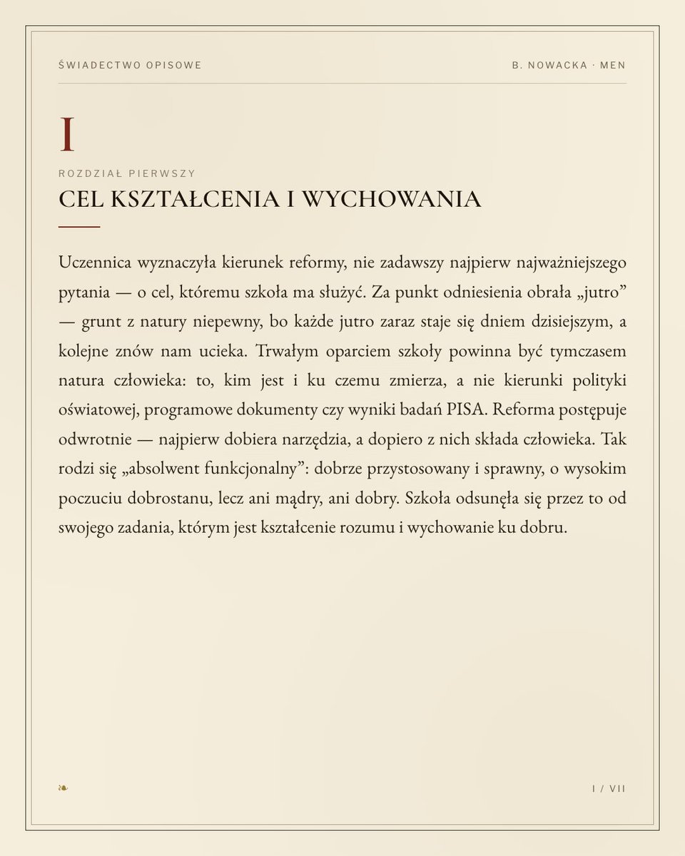 ArturG10221's tweet photo. Świadectwo opisowe dla minister Barbary Nowackiej. Rok szkolny 2024–2026.

Przedmiot: „Reforma26. Kompas Jutra”.
Ocena za całokształt: NIEDOSTATECZNY. Promocja: brak.

7 rozdziałów — od celu kształcenia po uderzenie w lekcje religii. Cała ocena w kartach poniżej 🧵⬇️

#edukacja #reformaoświaty #KompasJutra