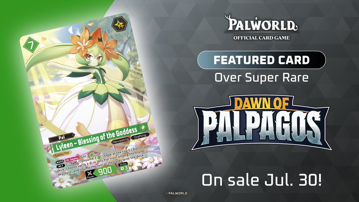 PalworldOCG_EN's tweet photo. ✨Featured Card✨

Today’s featured card is "Lyleen – Blessing of the Goddess"!

Palworld OFFICIAL CARD GAME Booster Pack "Dawn of Palpagos" goes on sale July 30!

Preorder now at your nearest local store!

#Palworldcardgame https://t.co/FQhULvxsmE