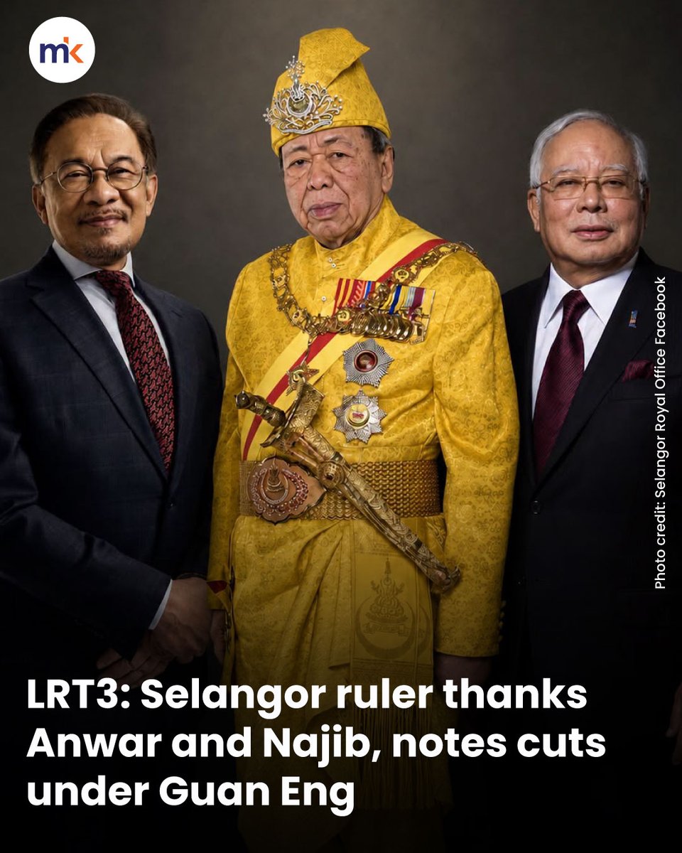 malaysiakini's tweet photo. Expressing gratitude for the successful completion of the LRT3 Shah Alam Line, Selangor ruler Sultan Sharafuddin Idris Shah extended his appreciation to former premier Najib Abdul Razak and his successor Anwar Ibrahim, sharing an image of himself flanked by both leaders in a social media post.

The post on the Selangor Royal Office Facebook page also noted that funding for the project was reduced during the Pakatan Harapan federal administration, when Lim Guan Eng was finance minister.

“When there was a change of government in 2018, the LRT3 project was delayed for more than 18 months, with an additional 19 months due to the Covid-19 pandemic, until 2021.

“At that time, finance minister Lim of DAP, together with his adviser Tony Pua of DAP, reduced the investment cost for this project because it was allegedly a ‘mega’ project, despite not understanding that the LRT3 was built to meet the needs and requirements of the people."

Full story: https://t.co/2hKcmzdF8j