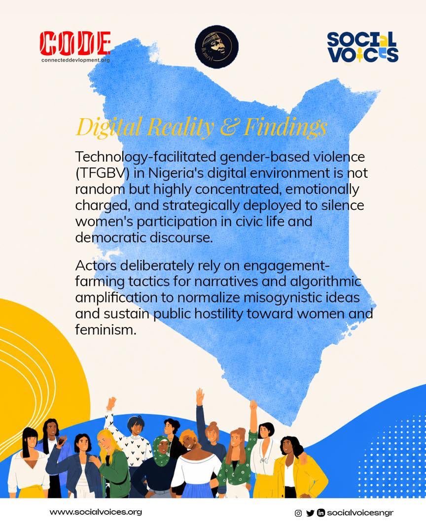 SocialvoicesNGR's tweet photo. Online misogyny does more than harm women. It distorts public discourse and weakens democracy. Our research, Gender and Feminist Misrepresentation in Nigeria’s Digital Environment, examines how technology-facilitated gender-based violence silences women online.

🧵 https://t.co/fFMbX3veVM